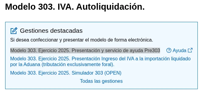 Pantalla inicial de la sede electrónica para acceder al modelo 303