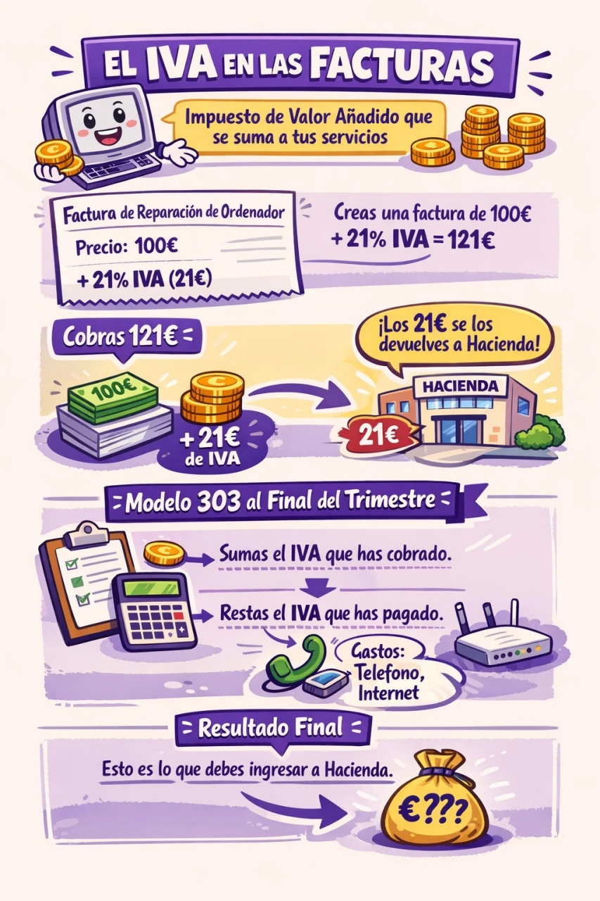 Infografía explicativa del IVA y el Modelo 303: cómo funciona el impuesto en las facturas y cómo se calcula al final del trimestre